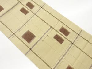 手織り紬変わり格子に色紙模様織出し全通袋帯